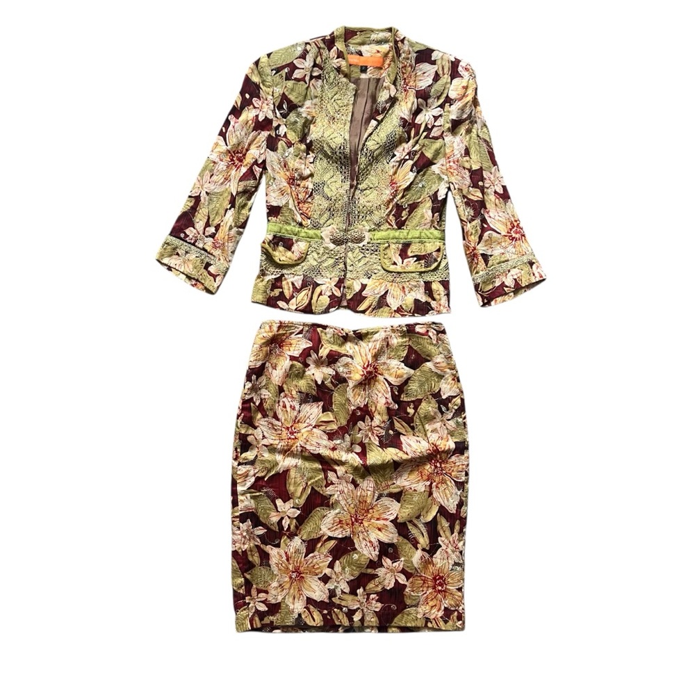Cynthia Steffe Floral Yellow Green Red Gold Blazer Pencil Skirt Set Size 2